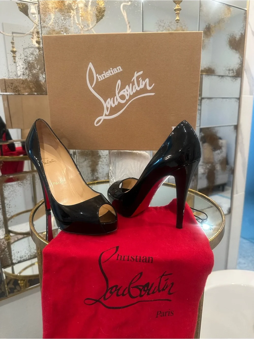 Christian Louboutin Black Patent Peep-Toe Pumps with Red Sole